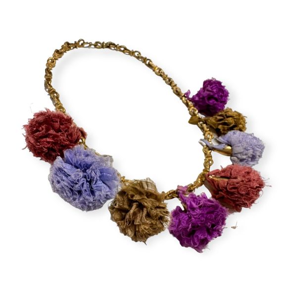 Vintage Sari Silk Multi Color Pom Pom Gold Chain Necklace - Picture 2 of 8